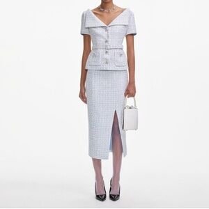 Self-Portrait Light Blue Tweed Midi Dress with Front Slit Boucle